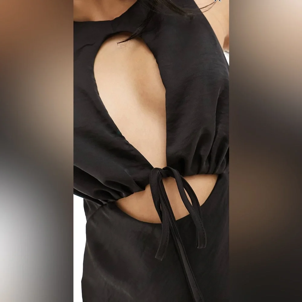 NWT Black ASOS Keyhole Tie Midi Dress Satin - Picture 2 of 4